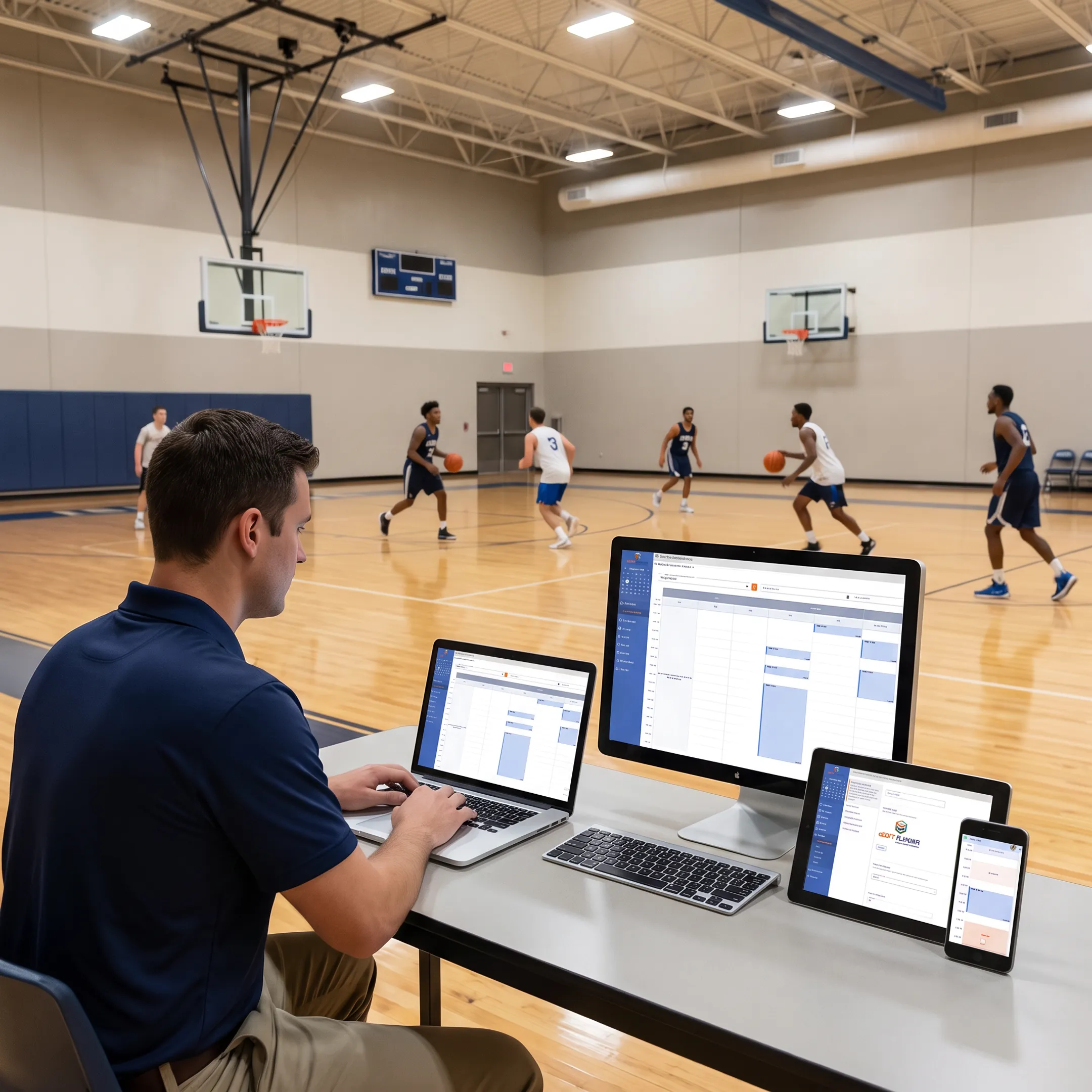 Indoor basketball court reservation software displayed beside a busy sports facility