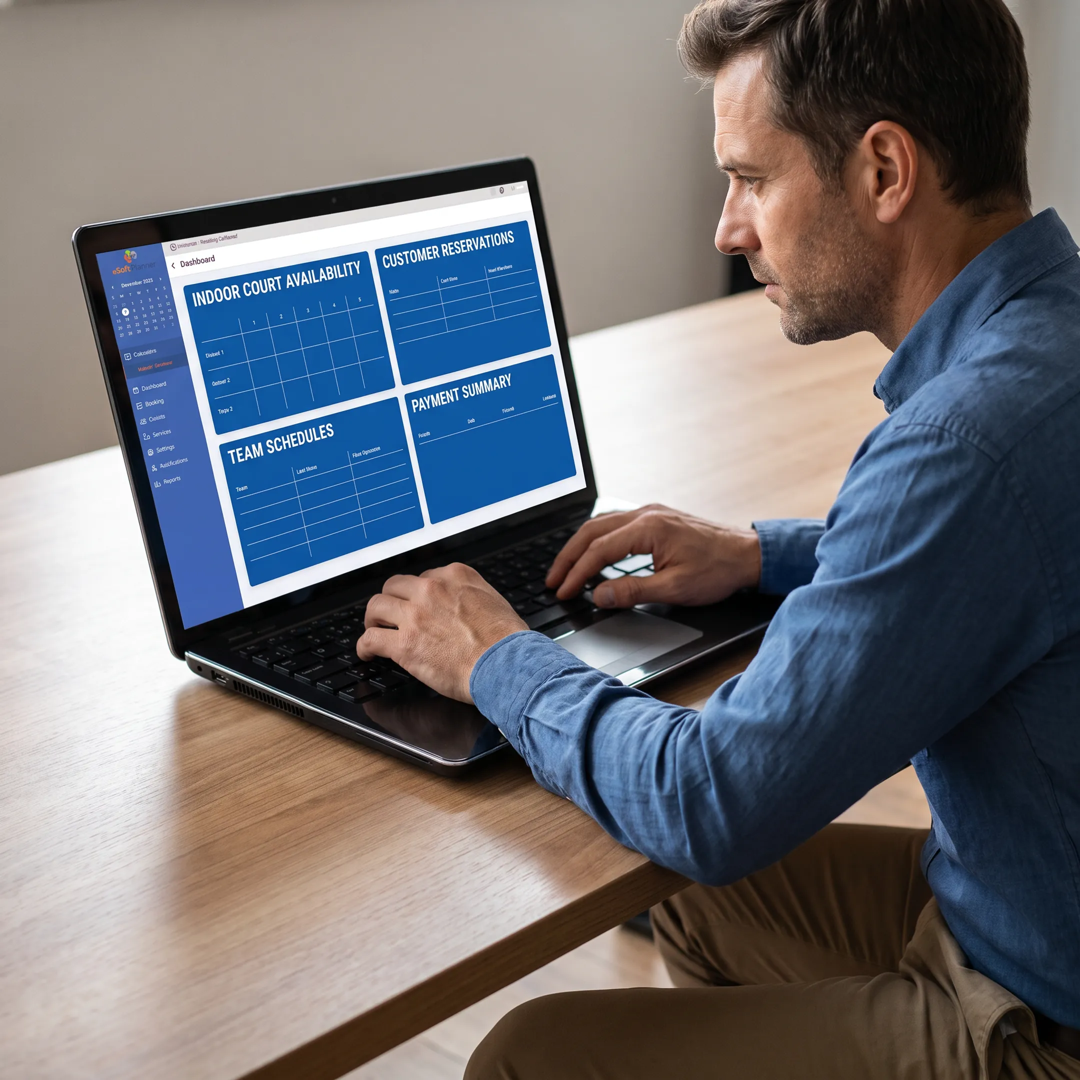 Facility manager reviewing indoor basketball court reservations online