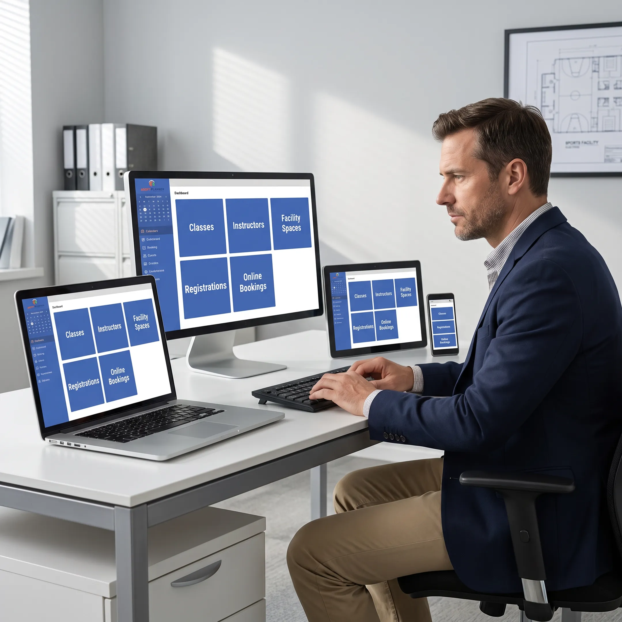Sports facility manager reviewing class schedules and online bookings on scheduling software