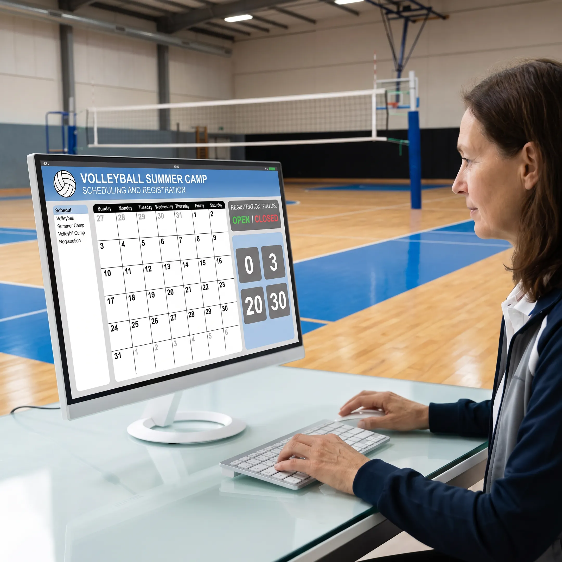 Administrator managing volleyball camp schedules and registrations
