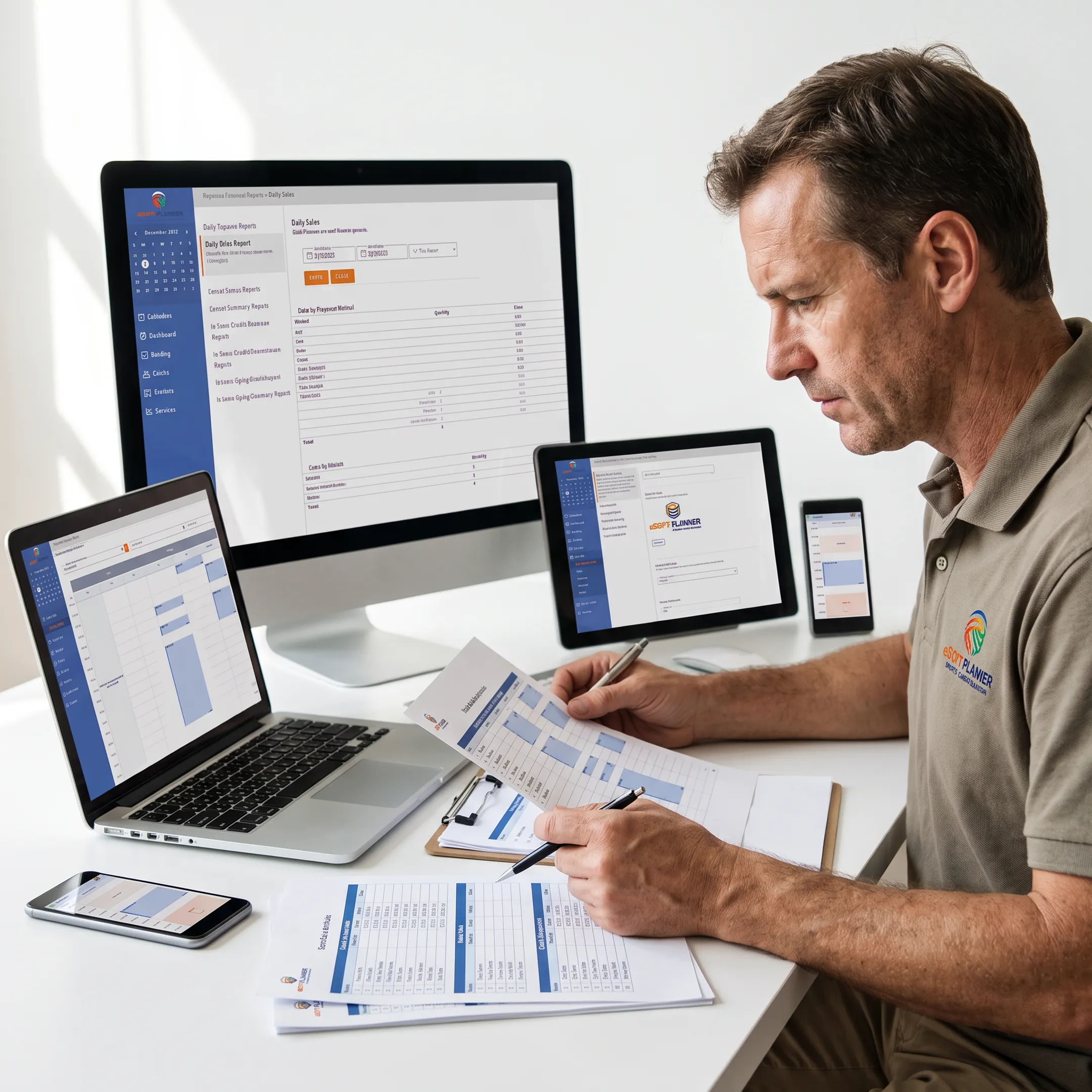 Sports camp coordinator reviewing schedules and registrations on a computer