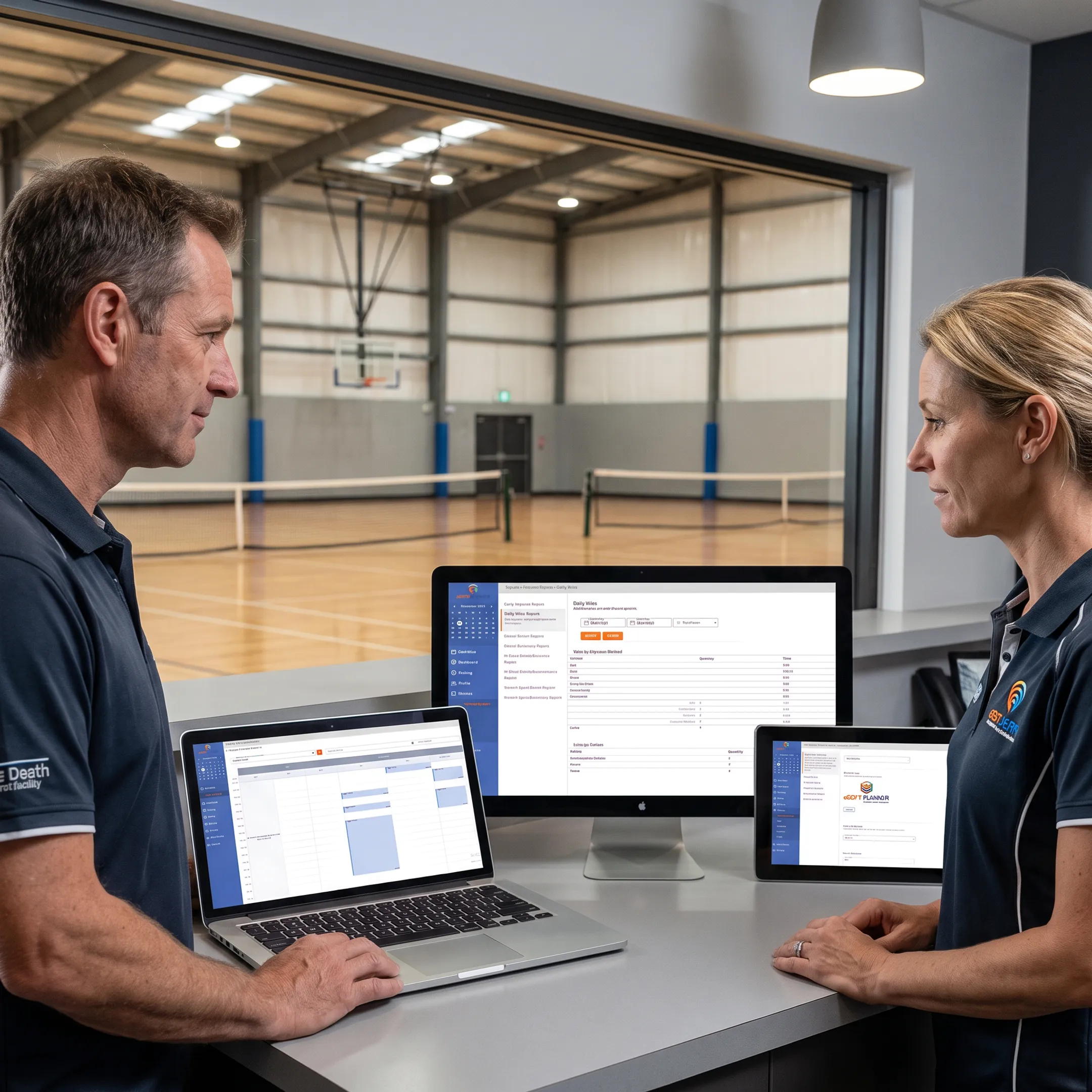 Sports recreation facility reservation software displayed on a laptop beside a facility calendar