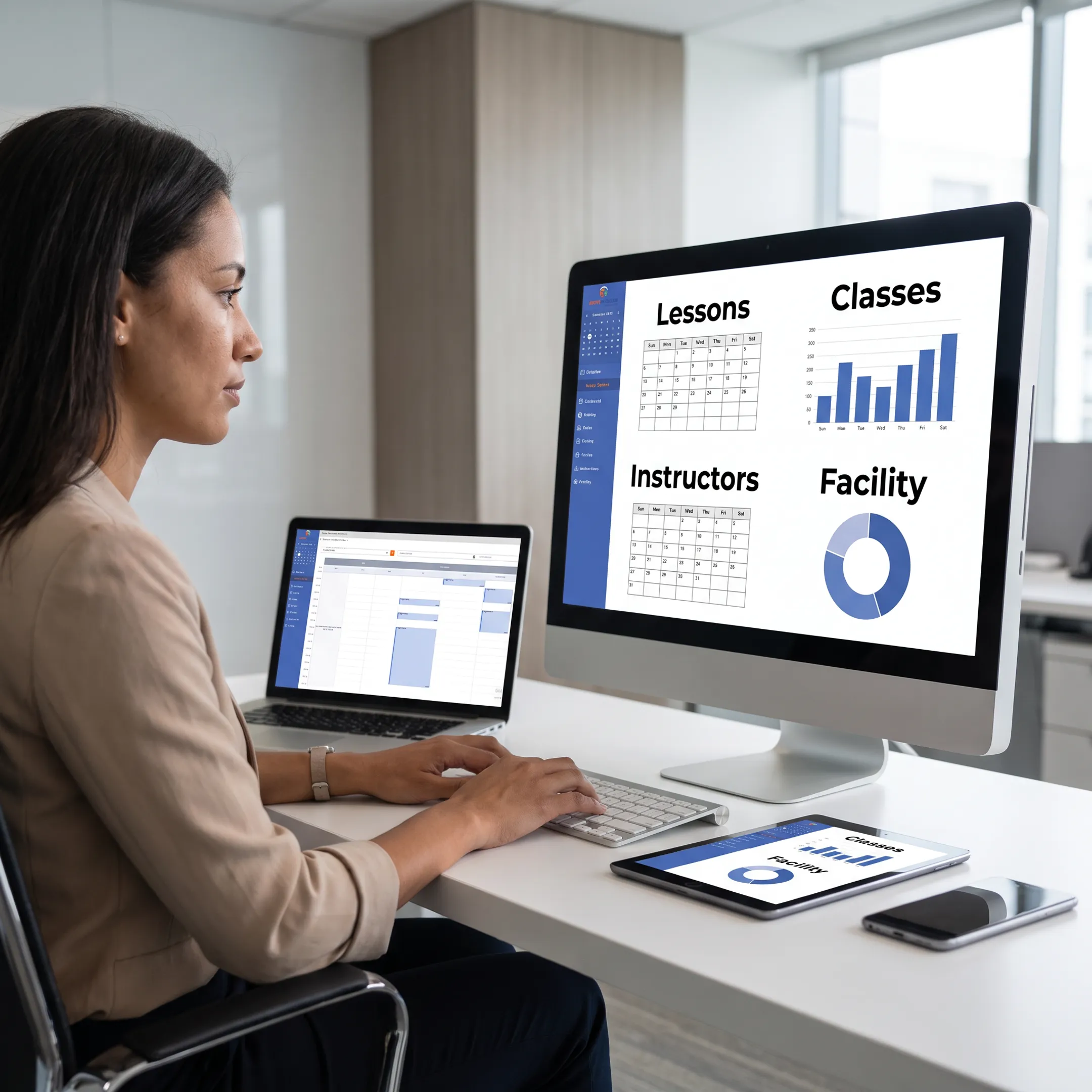 Instructor managing class schedules and online recreation program bookings on scheduling software