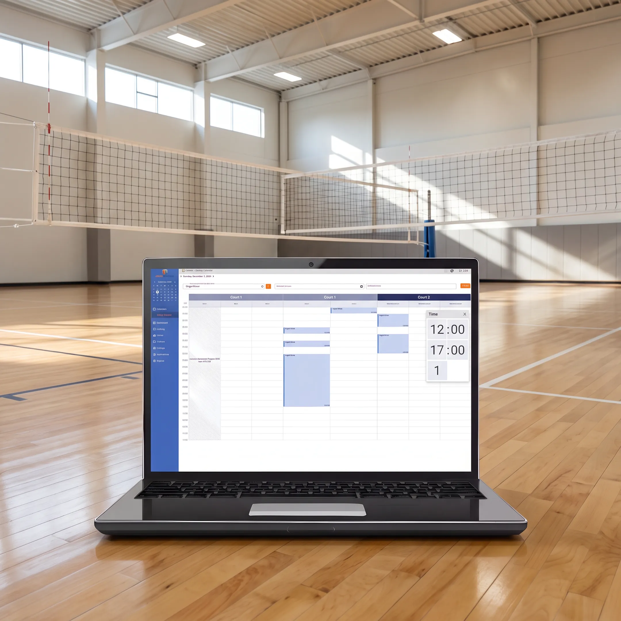 Online volleyball court reservation dashboard displayed beside an indoor court