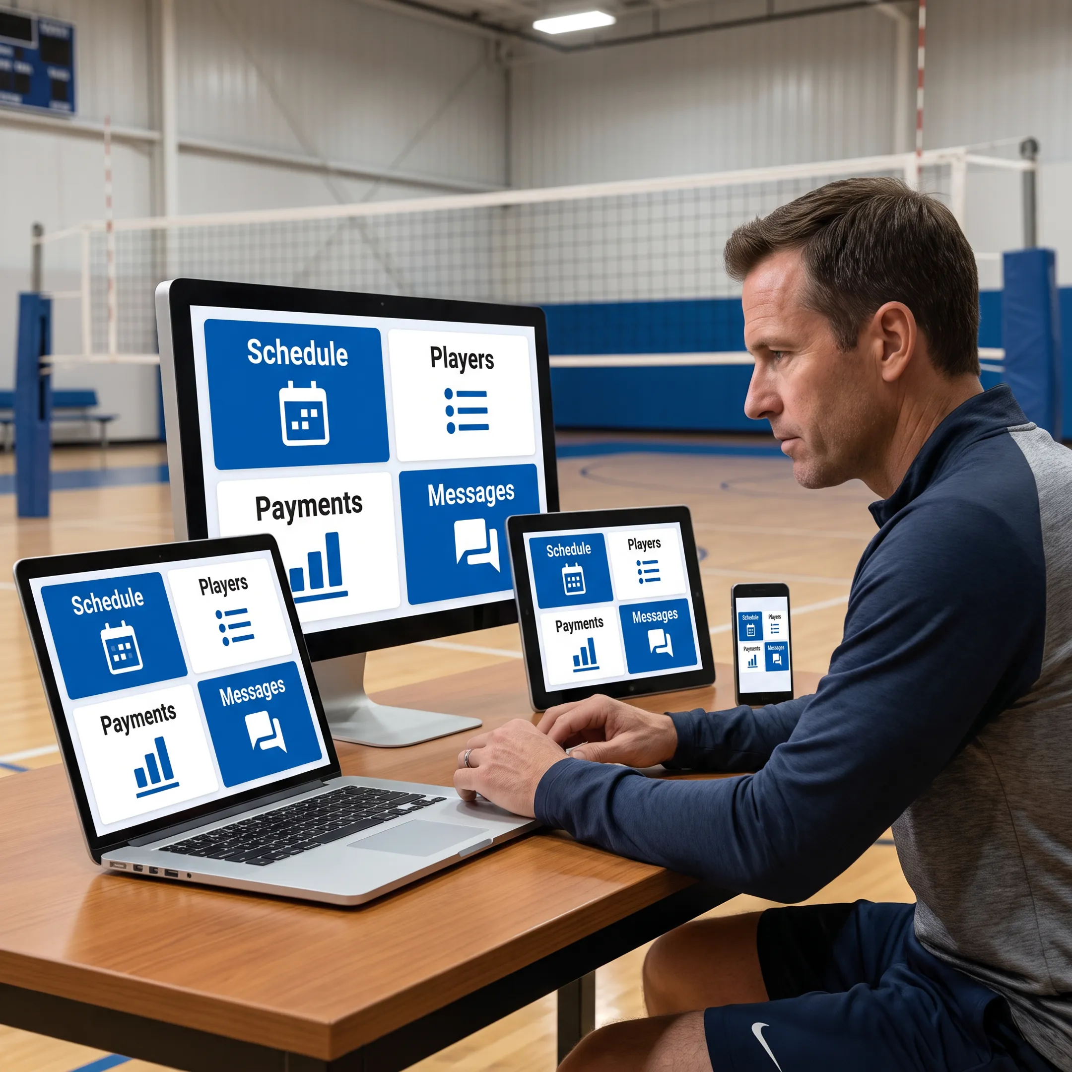 Volleyball coach reviewing team schedules and player information on management software