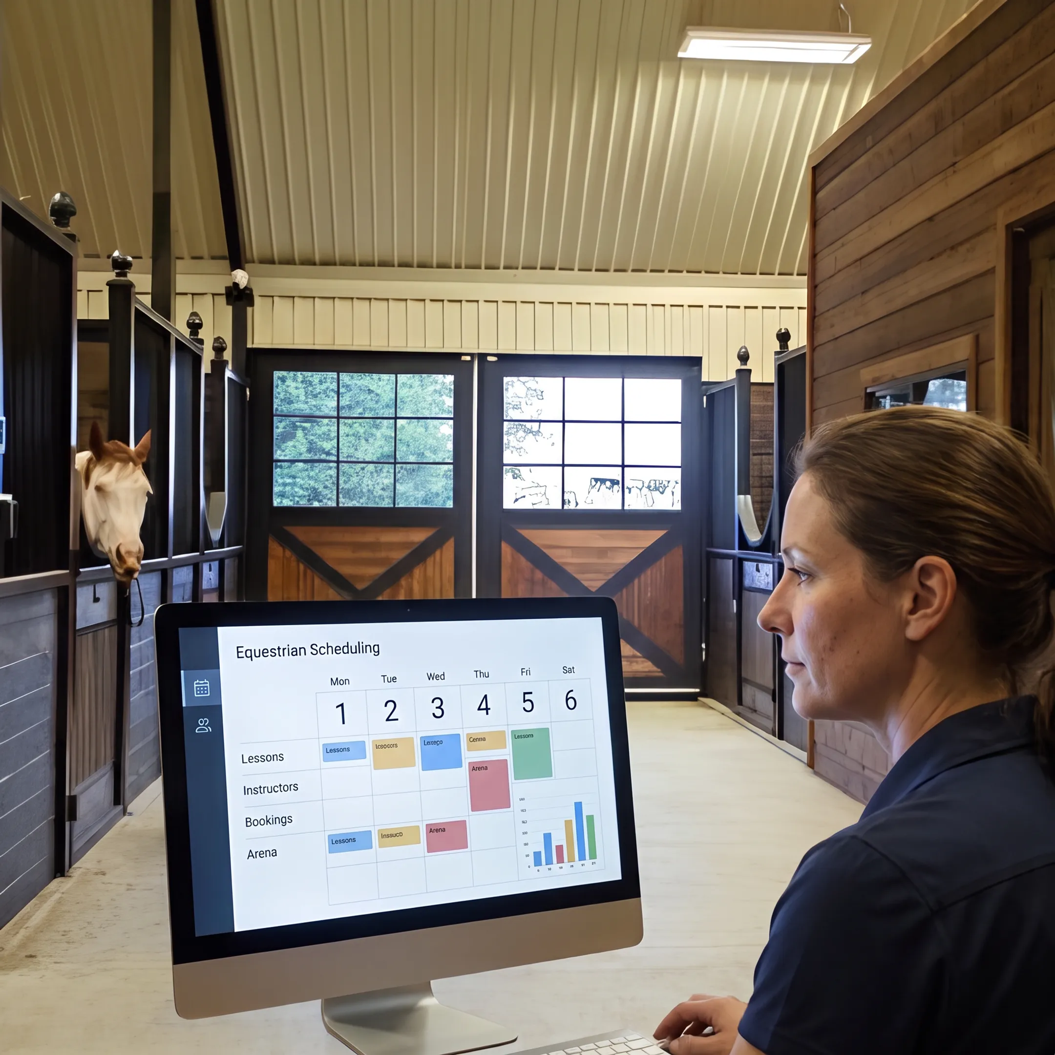 Riding facility administrator managing lessons and arena reservations online