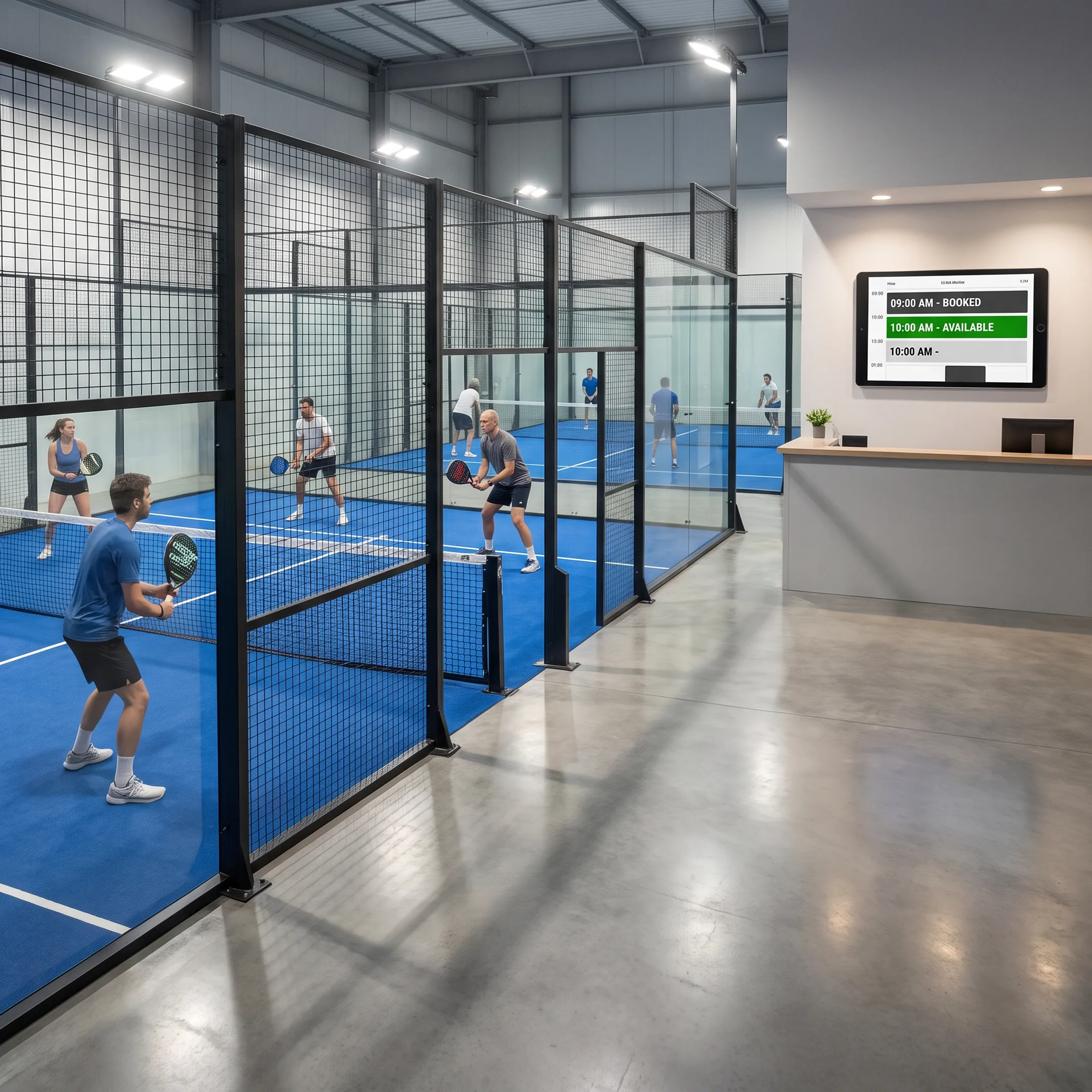 Padel facility with players and an online court reservation interface