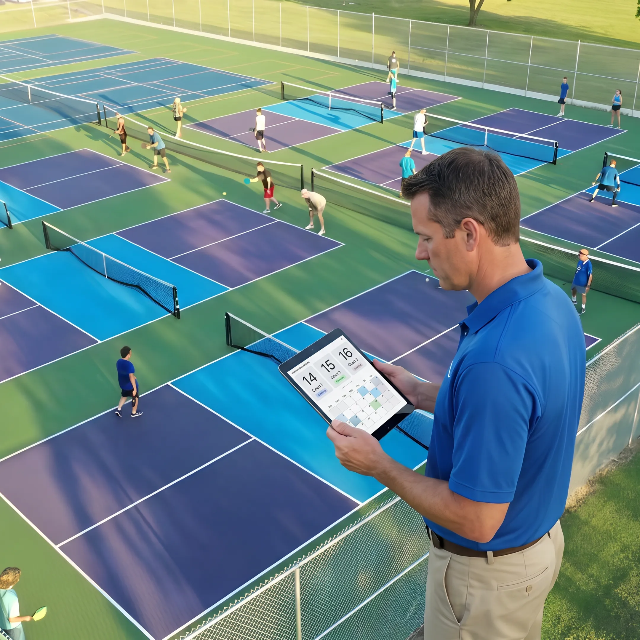 Facility manager using sports recreation scheduling software at a busy athletic complex