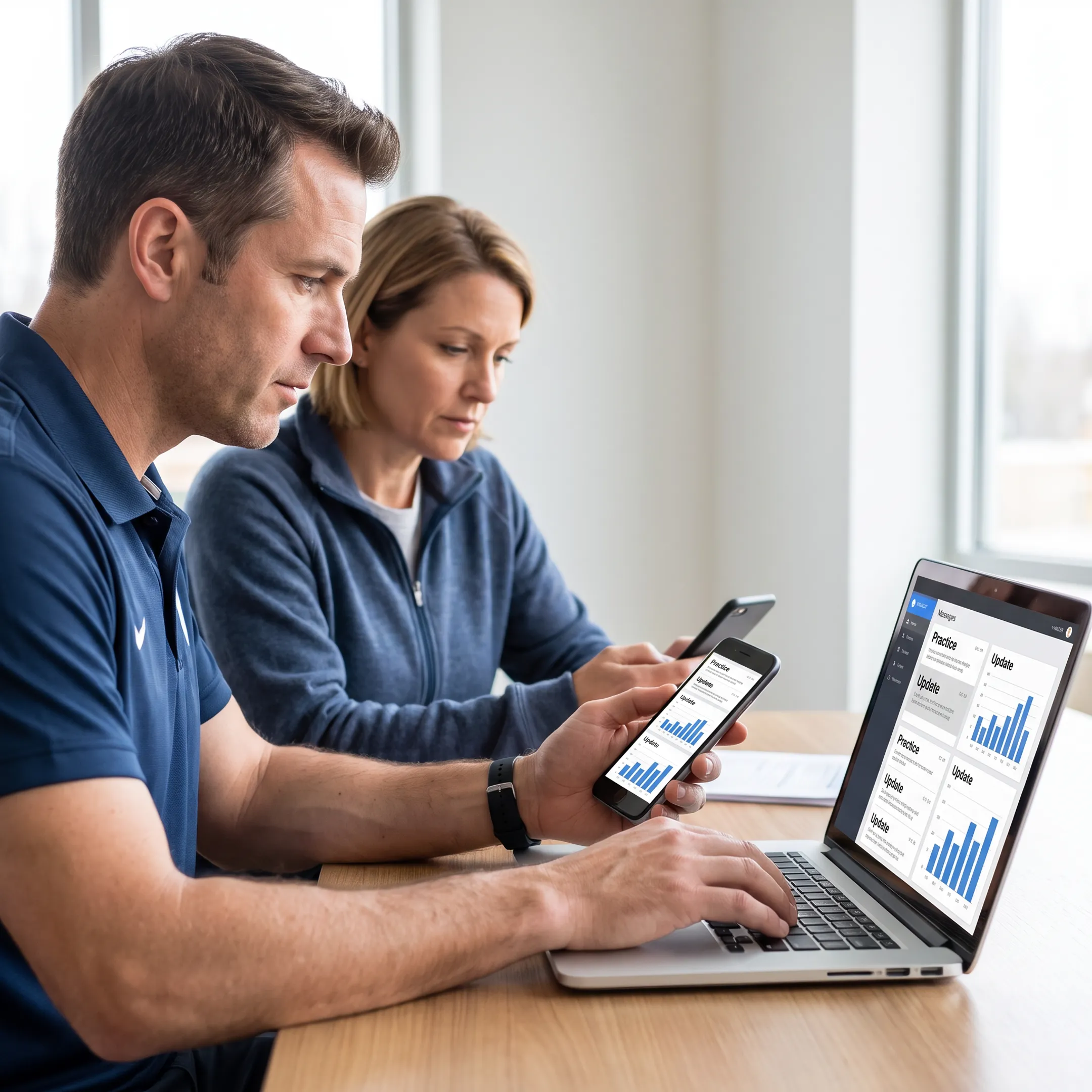 Sports administrator sending team updates through communication software