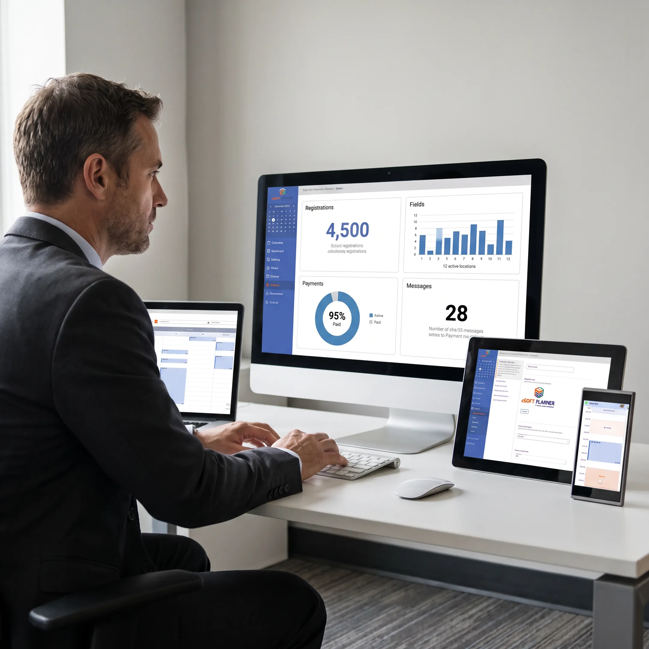 Soccer administrator managing teams and facility operations with centralized software