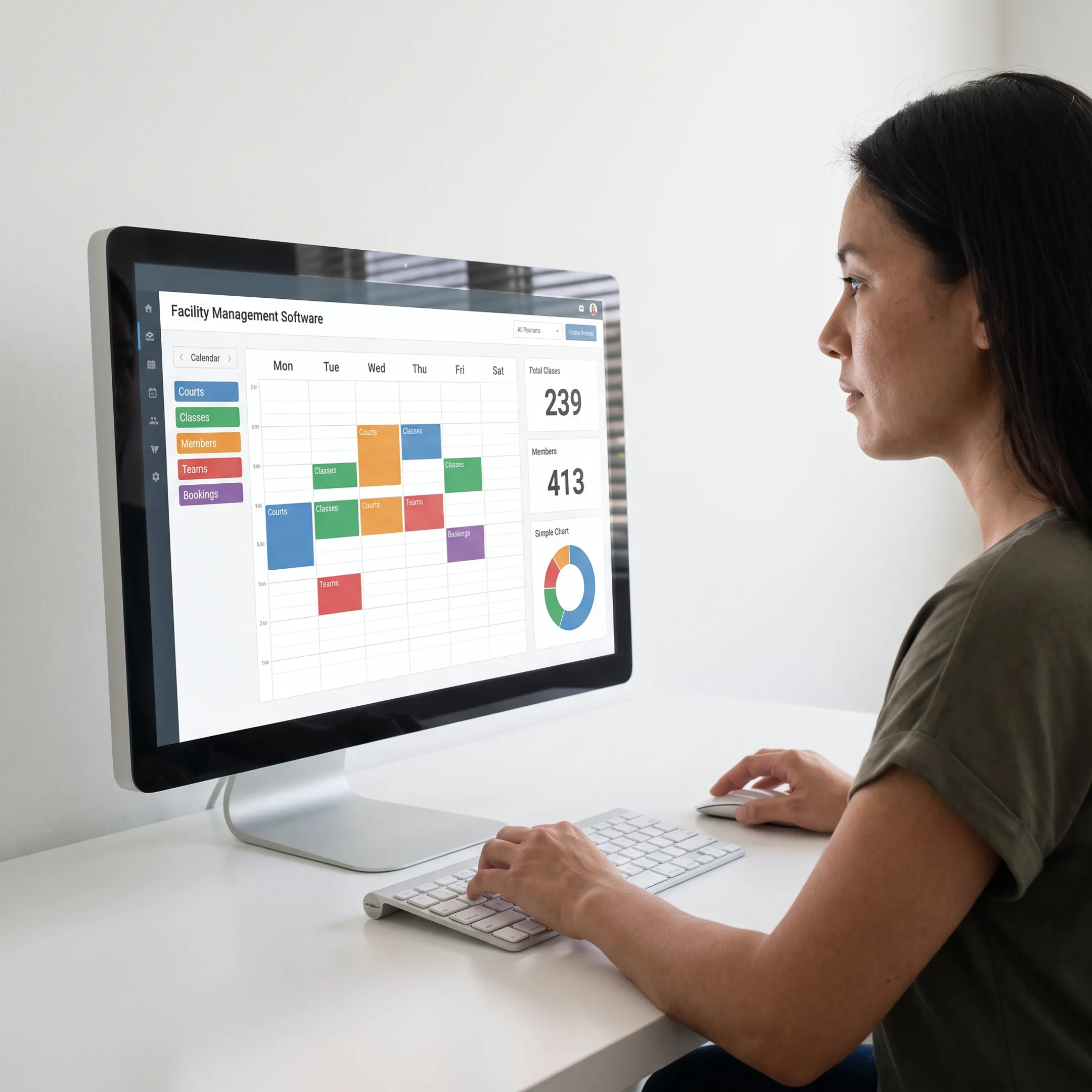 Sports recreation center staff managing schedules and bookings on facility management software