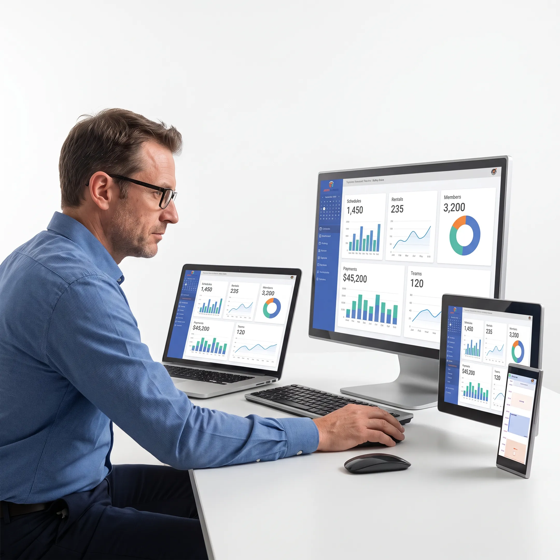 Facility manager reviewing sports center scheduling and membership software