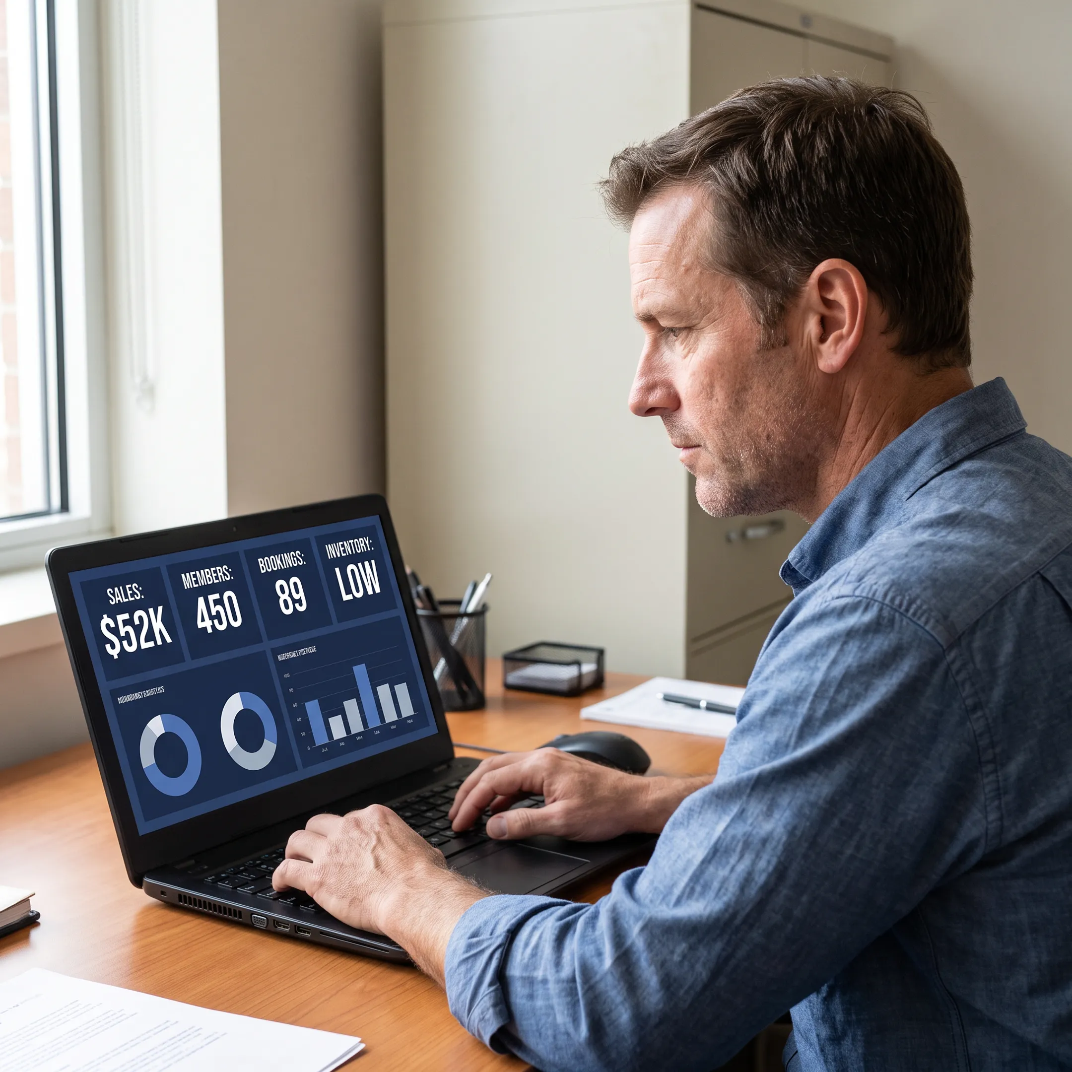 Sports facility manager reviewing POS sales and membership activity