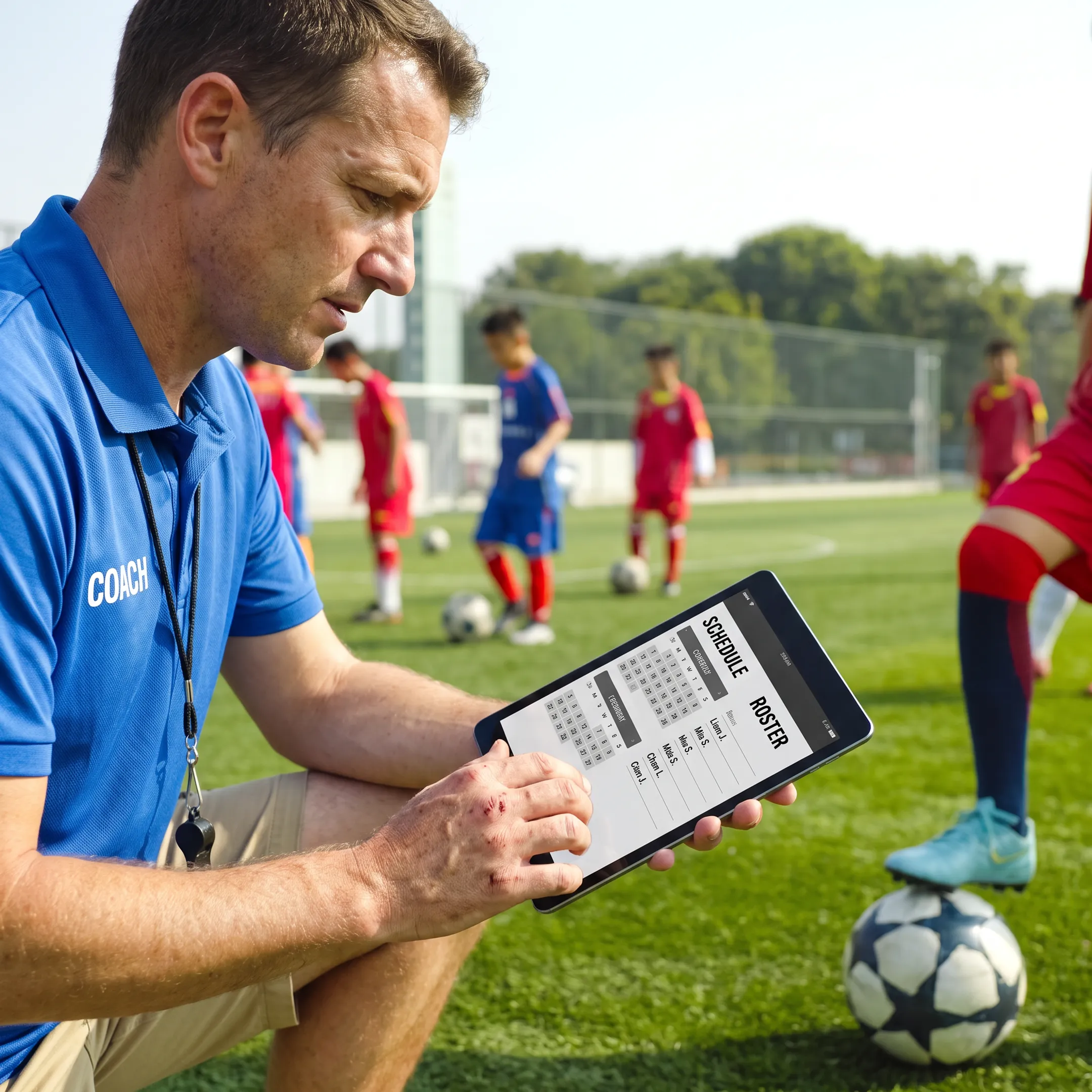 Soccer coach using team management software beside players on a training field