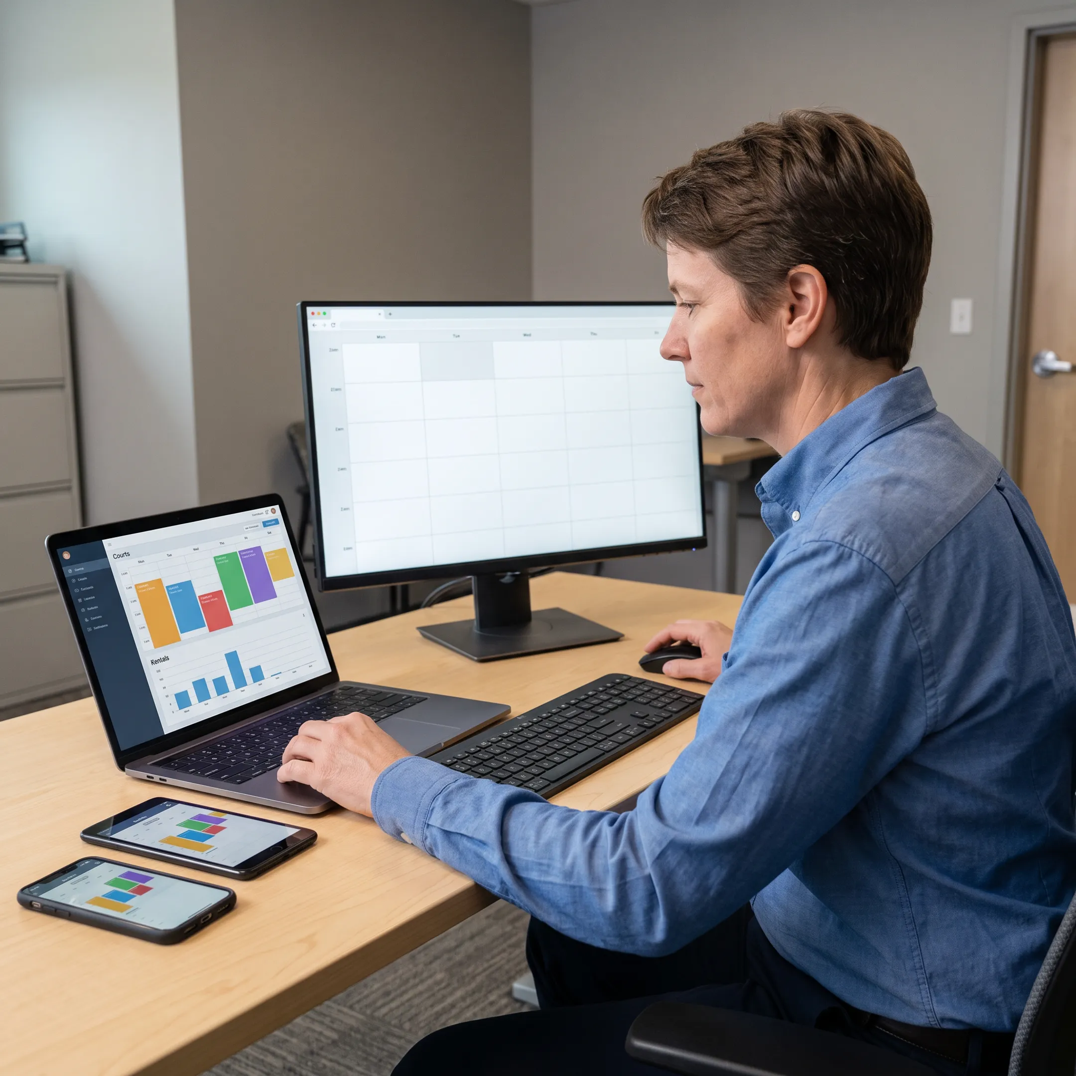 Sports facility manager reviewing rental bookings and equipment availability on scheduling software