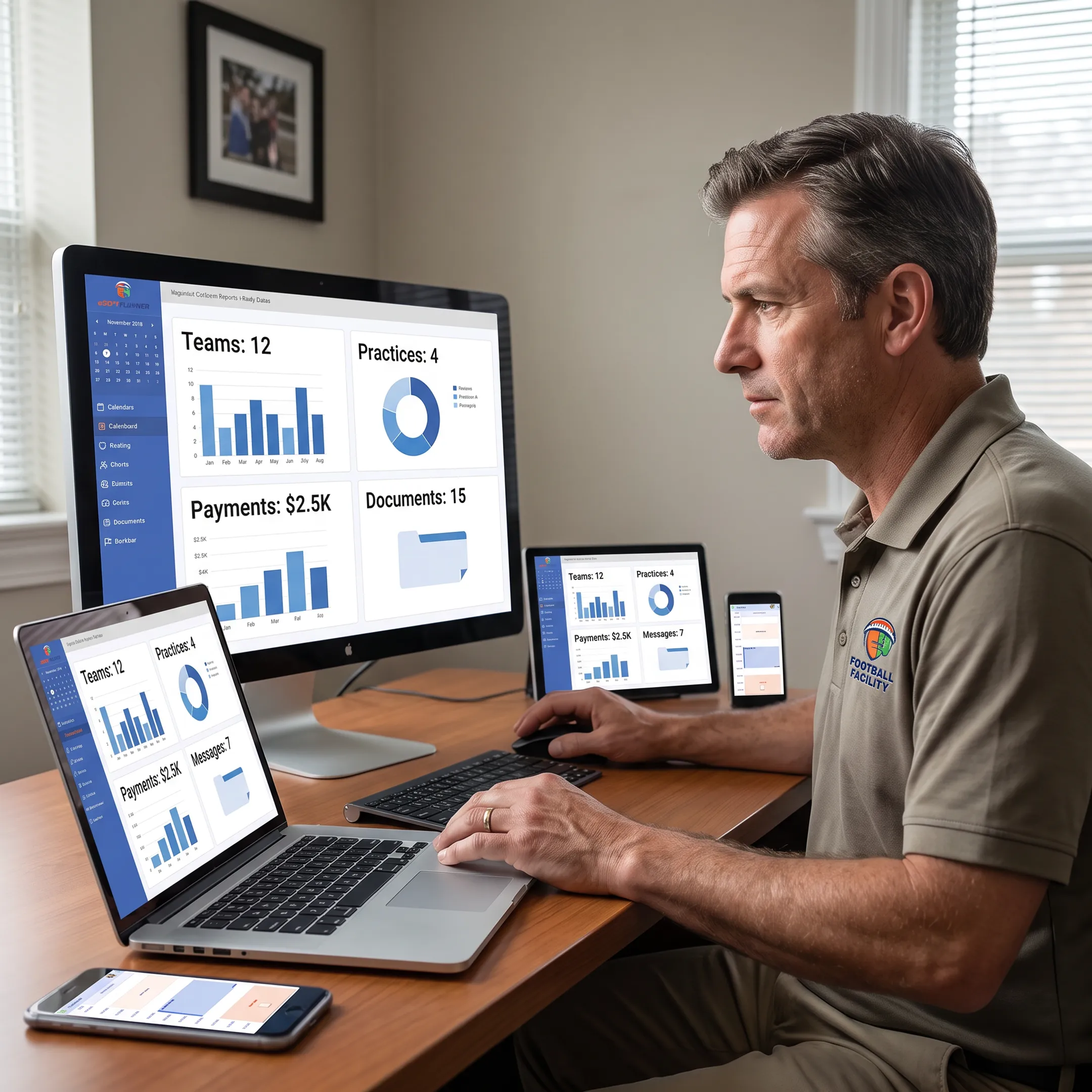 Football facility manager organizing teams and schedules with software