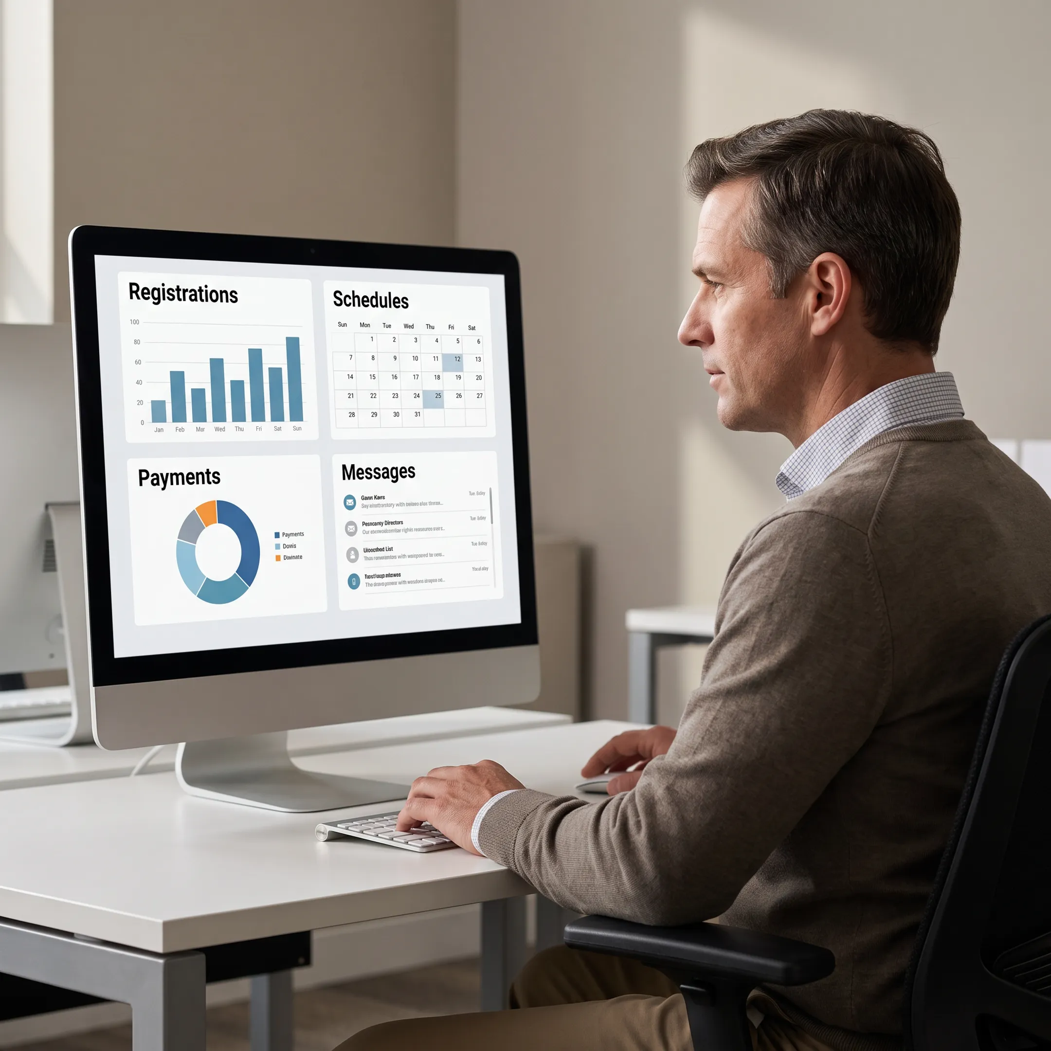 Soccer administrator organizing teams and registrations with management software