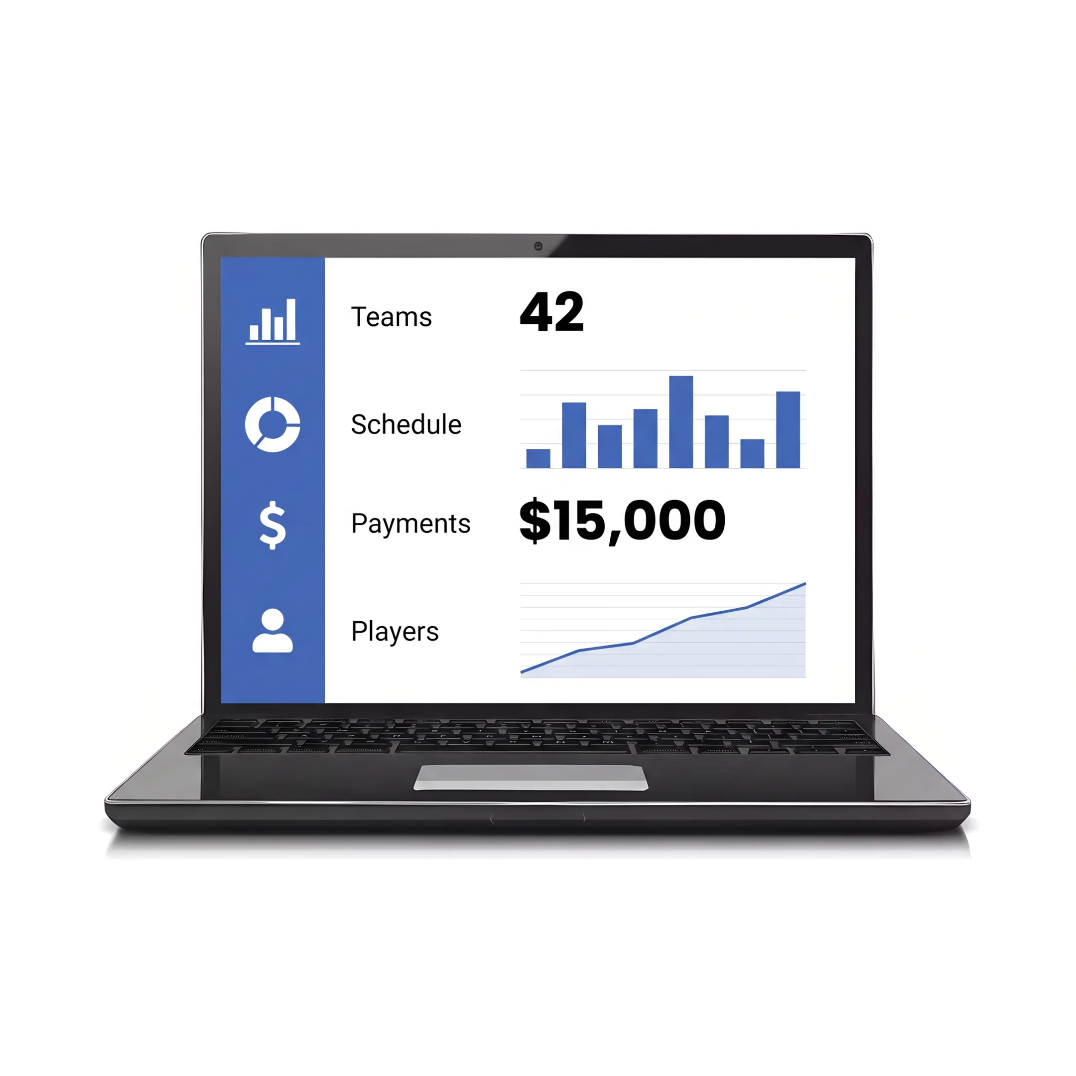 Soccer facility manager reviewing team schedules and registrations on software dashboard
