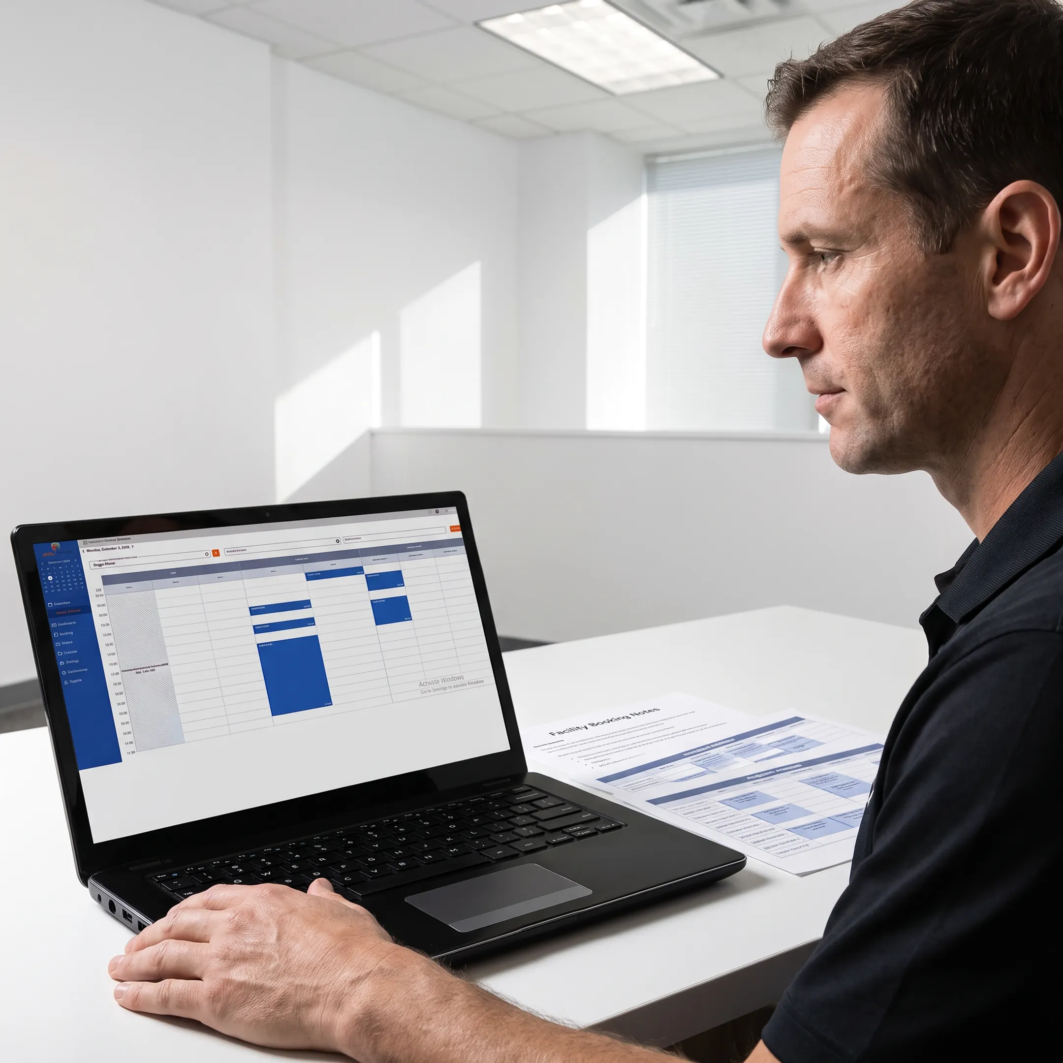 Instructor reviewing private lesson bookings on scheduling software with sports program details