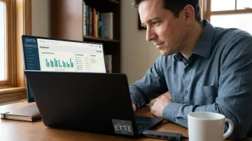 Remote employee working securely on laptop from home office with IT monitoring active