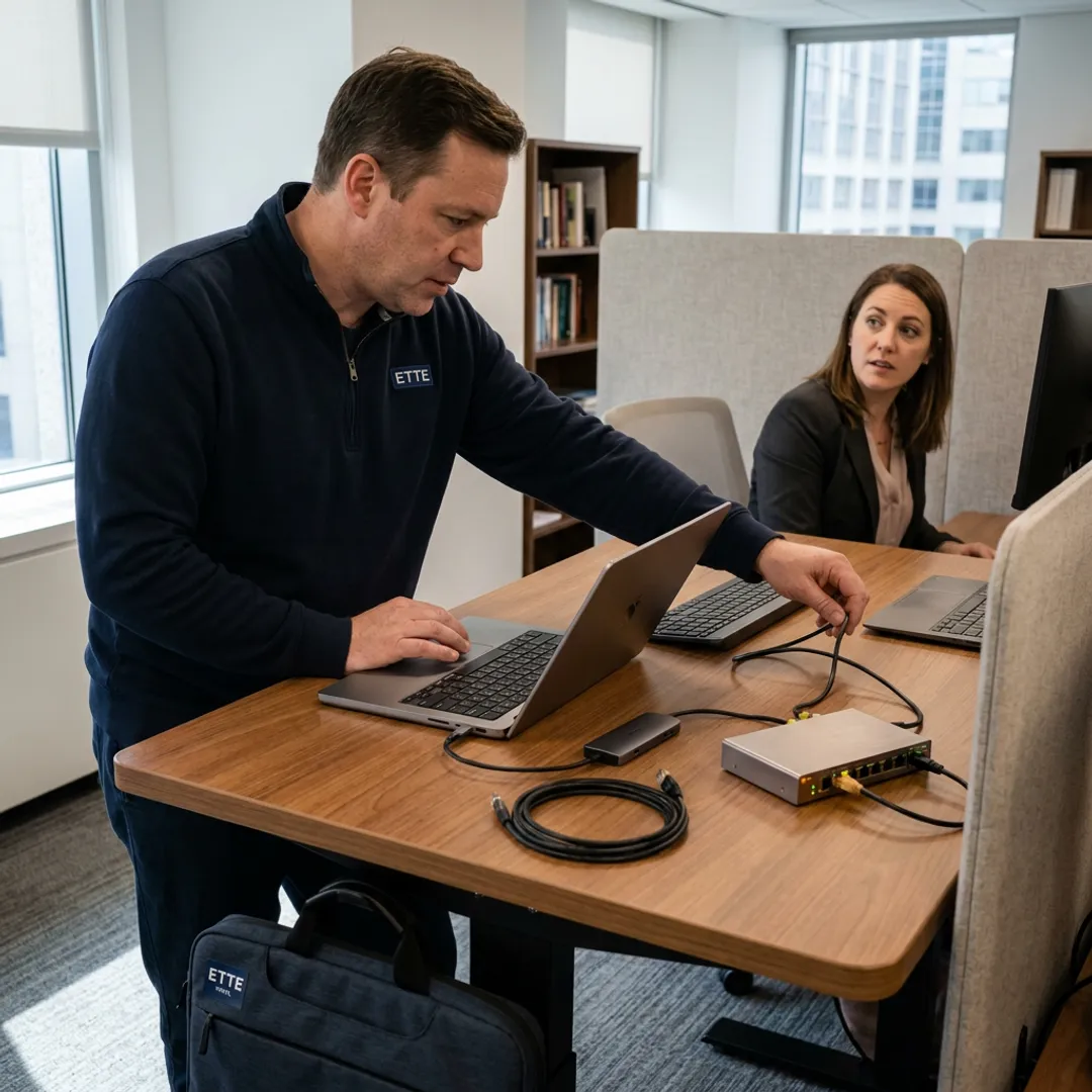 On-site engineer configuring office workstation