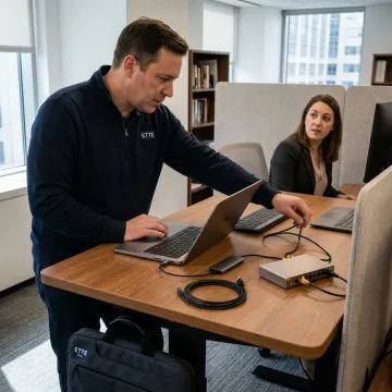 On-site engineer configuring office workstation