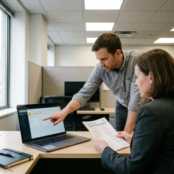IT engineer assisting office staff with secure computer systems