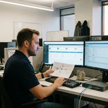Technician setting up office workstation