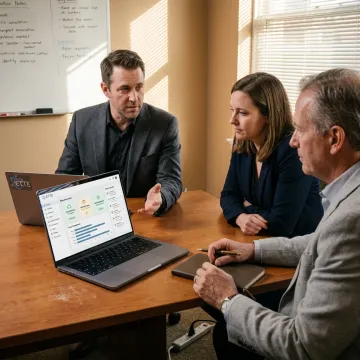 Security engineer reviewing risk dashboard with business leaders