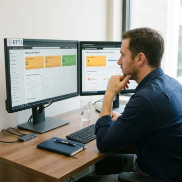 Cybersecurity engineer reviewing Microsoft security dashboard