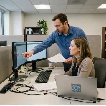 IT technician helping office user with computer support