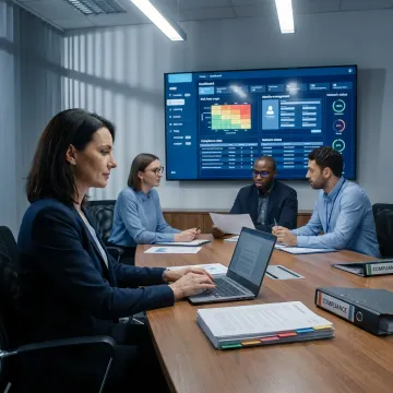 IT consultant reviewing risk dashboard with leadership team