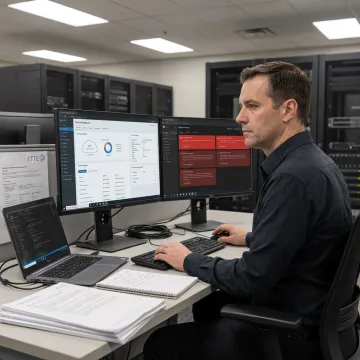 IT engineer reviewing cloud and security systems