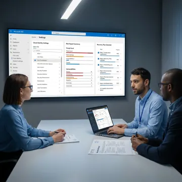 Security consultant reviewing cybersecurity reports with leadership