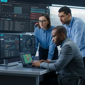 Cybersecurity team reviewing threat defense dashboard