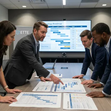 Advisor reviewing technology roadmap with executives