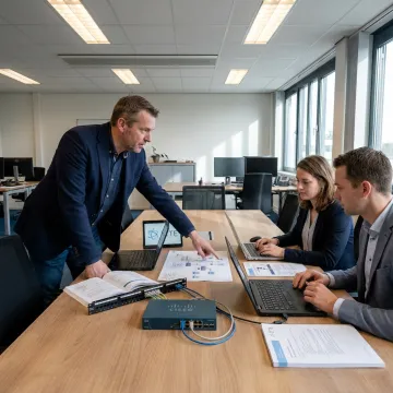 IT engineer reviewing office workstations onsite