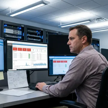 IT engineer reviewing server monitoring dashboard