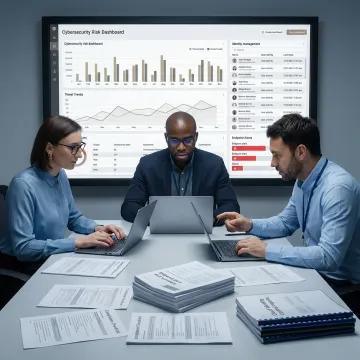 Cybersecurity team reviewing security management dashboards