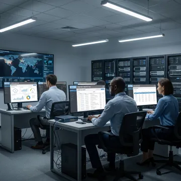 Cybersecurity professionals monitoring business IT systems