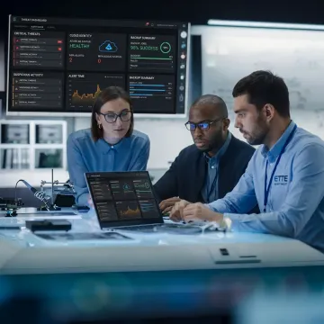 IT security team reviewing threat monitoring dashboards
