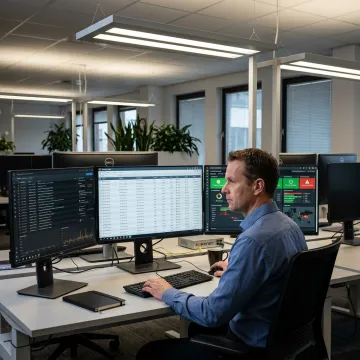 Security engineer reviewing firewall monitoring dashboard