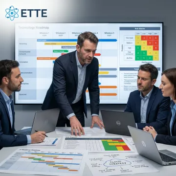 IT consultant reviewing strategy roadmap with executives