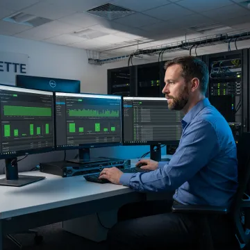 IT engineer reviewing server monitoring dashboard
