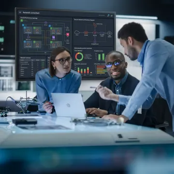 Network management consultant reviewing IT systems