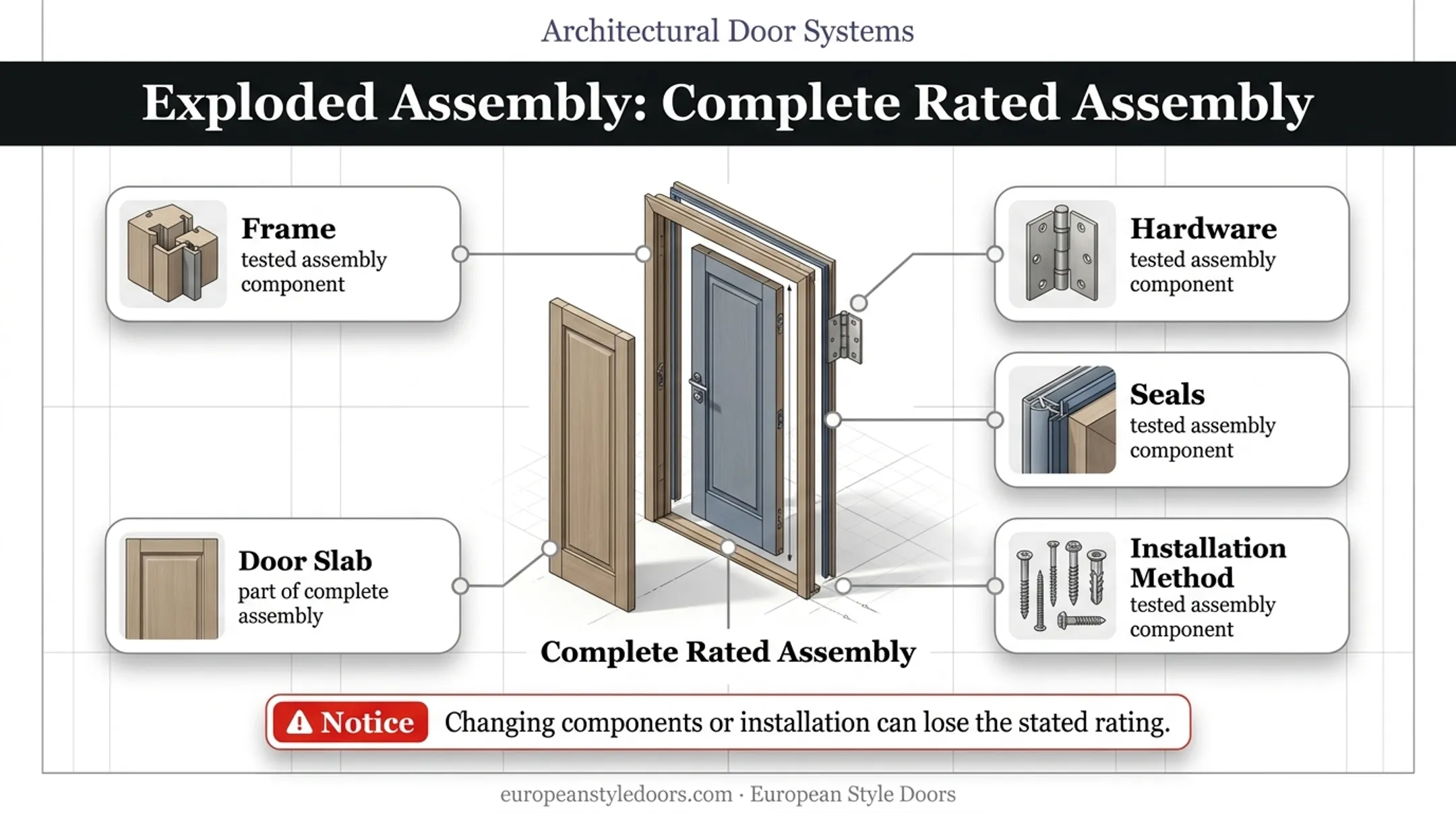 Door assembly components affecting fire smoke and acoustic ratings