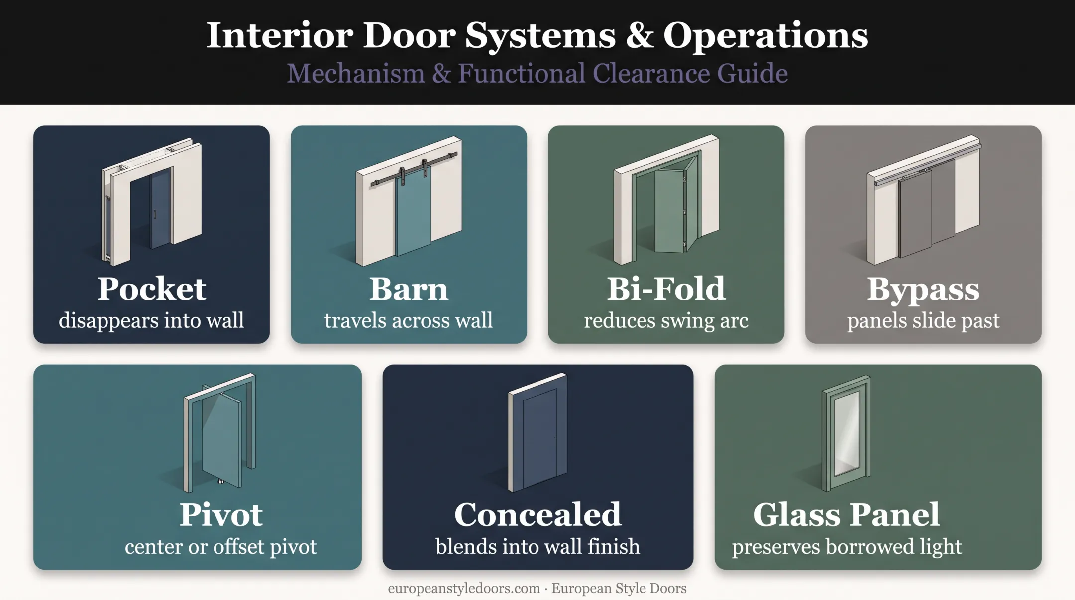Seven space-saving interior door styles and clearance characteristics