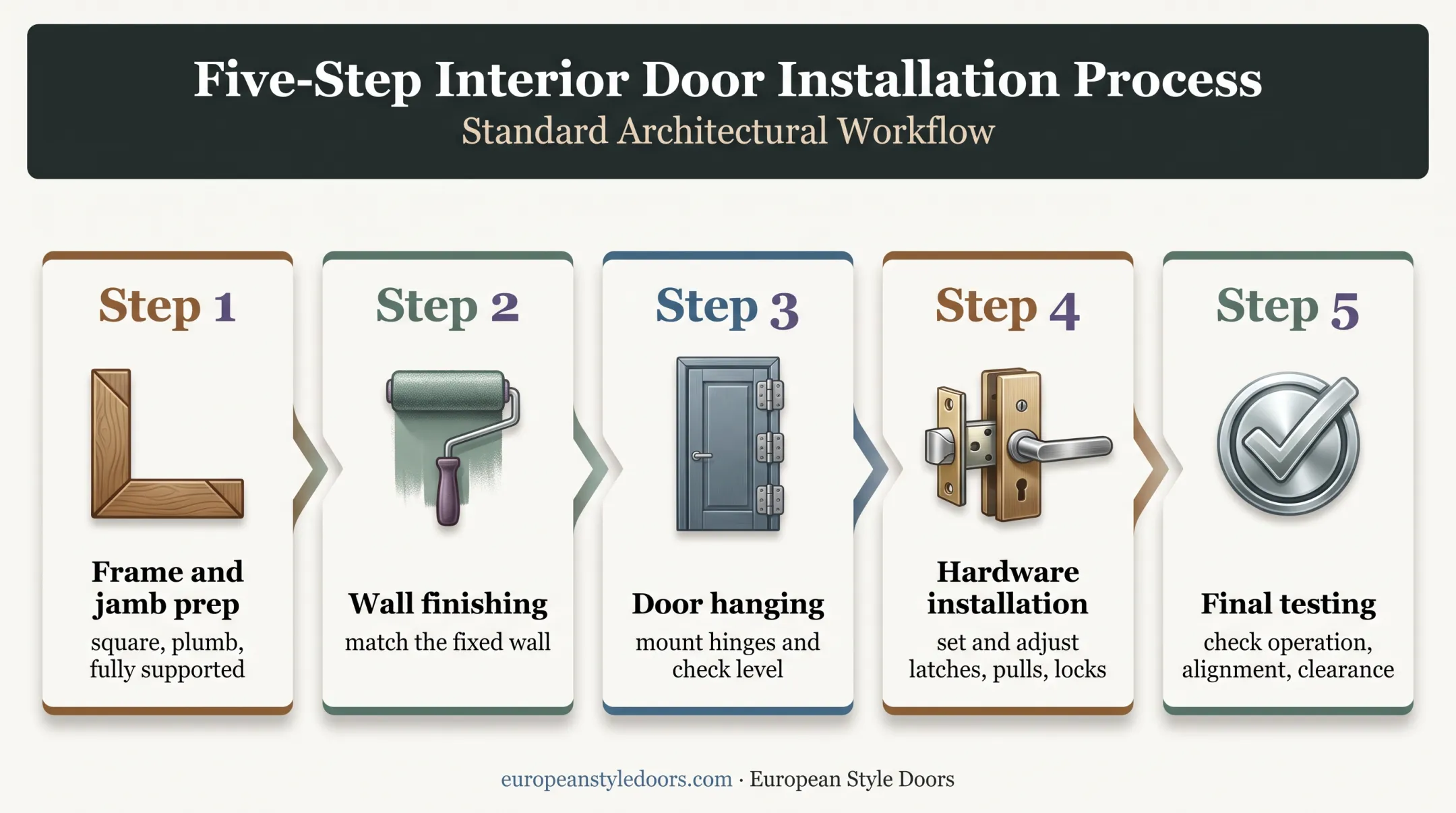 Five-step hidden door installation sequence from framing to testing