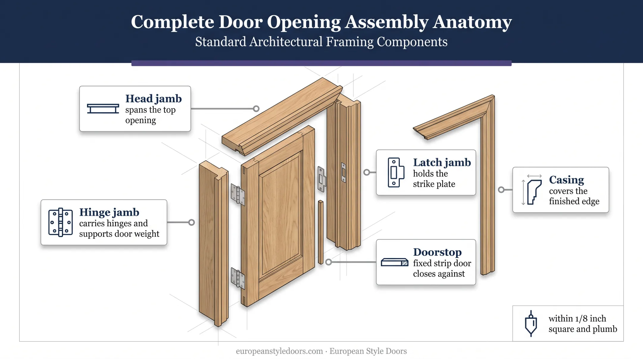 Labeled door frame anatomy showing jambs doorstop and casing