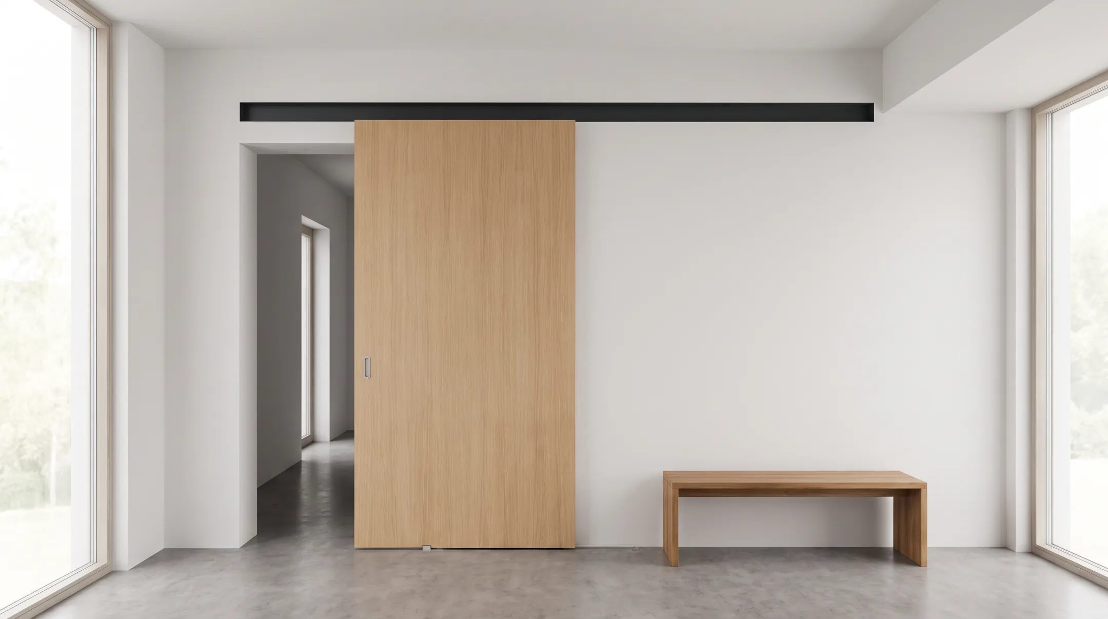 Pavone hidden barn door rail with minimalist sliding door panel